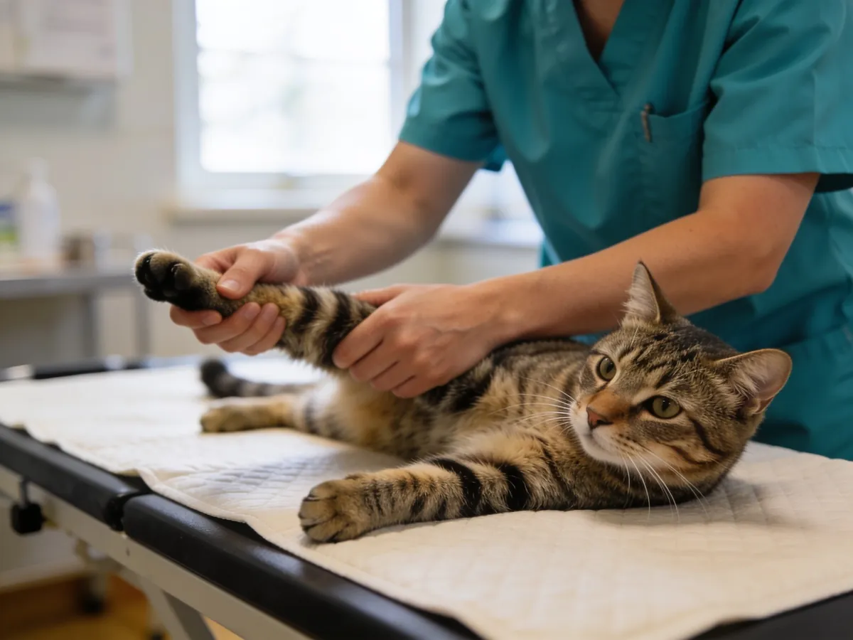 Veterinária alongando com cuidado a pata de um gato tigrado deitado na maca.